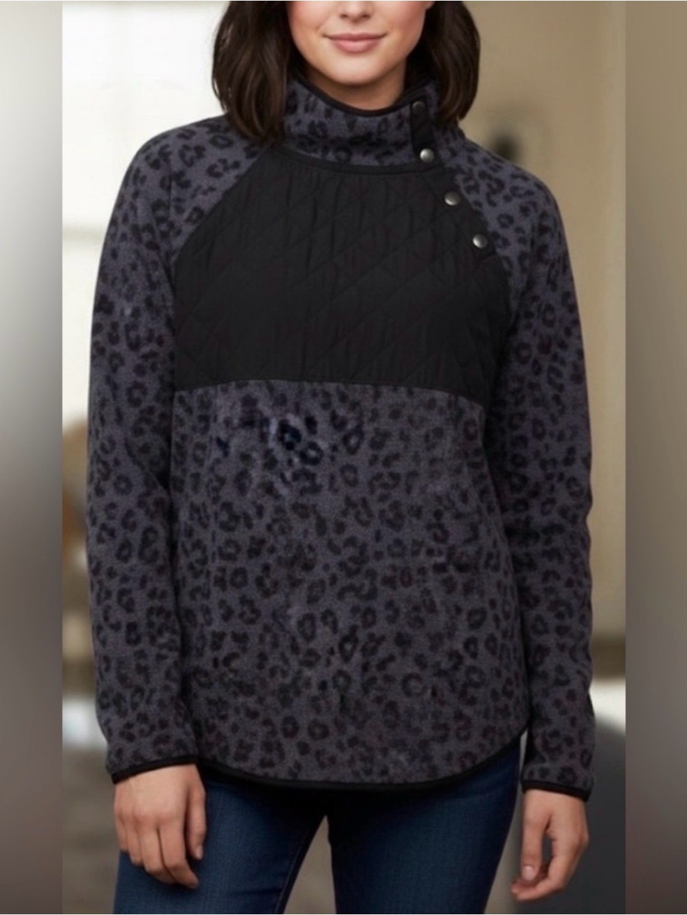 J. Crew Quilted Yoke Leopard Print Pullover - Charcoal and Black
